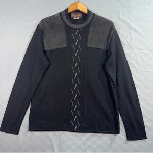 Barcelino Sweater Mens Medium Gray Wool Suede Panel Geometric Knit Pullover